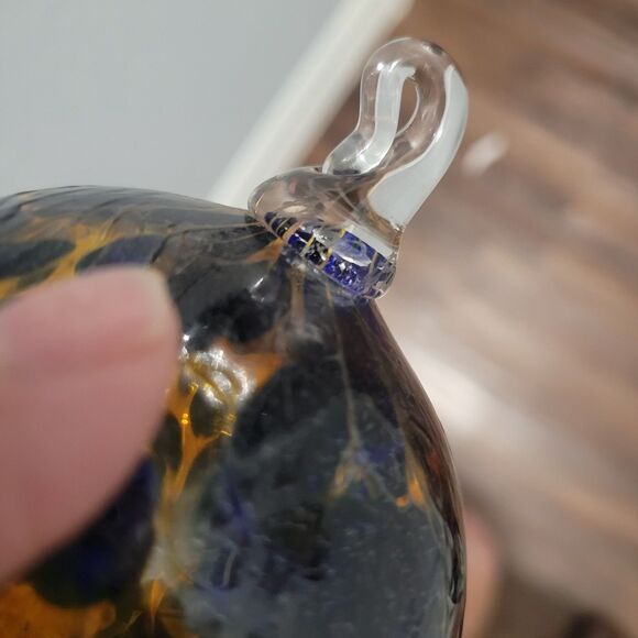 Hand Blown Art Glass Witch Ball Orb Ornament Suncatcher Blue Yellow 3" 2010 sign - Picture 7 of 8